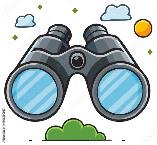 Cartoon Style Binoculars with Clouds and a Sun Design Element for Explorations and Discovery Illustration
