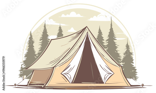 Vintage tent in forest with trees and clouds, camping illustration