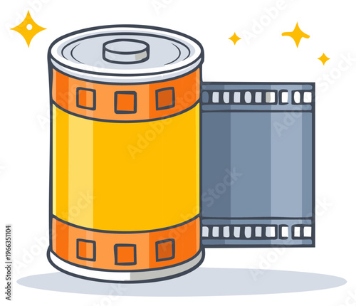 Illustration of a Vintage Camera Film Roll with a Metal Canister and Stars