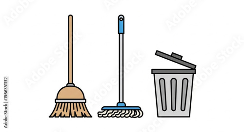 Cleaning Tools - Broom, Mop, and Trash Can Illustration for Housekeeping.