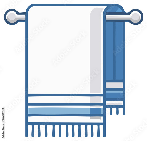Hanging Blue Trimmed White Towel on Bathroom Rack, Soft Cloth Hygiene Accessory, Hand Towel Illustration