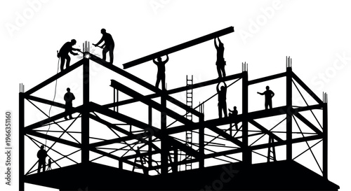 Silhouette of construction workers building a steel framework structure with beams and girders on a white background.