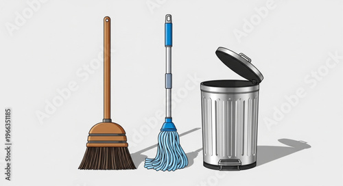 Cleaning Tools - Broom, Mop, and Trash Can for Home Maintenance.