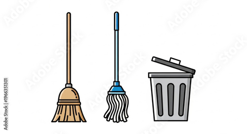 Cleaning Tools - Broom, Mop, and Trash Can Illustration.