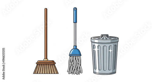 Cleaning Tools - Broom, Mop, and Trash Can Illustration.
