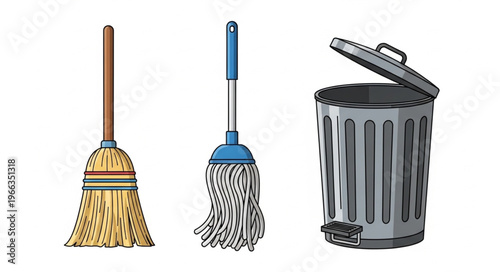 Cleaning Tools - Broom, Mop, and Trash Can Illustration.