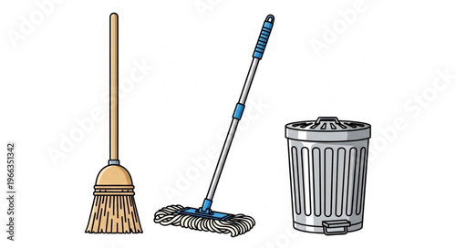 Cleaning Tools - Broom, Mop, and Trash Can Illustration.