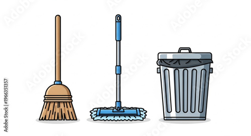 Cleaning Tools - Broom, Mop, and Trash Can Illustration for Home Cleaning.