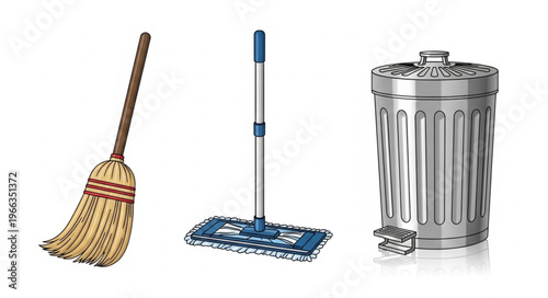 Cleaning Tools - Broom, Mop, and Trash Can for Home Maintenance.