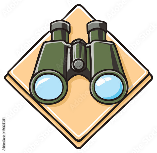 Illustrated green binoculars on a textured yellow background for travel and exploration