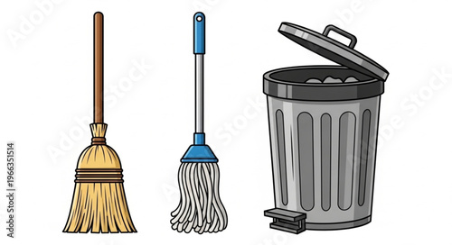 Cleaning Tools - Broom, Mop, and Trash Can Illustration for Home Cleaning.