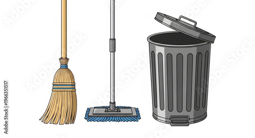Cleaning Tools - Mop, Broom, and Trash Can for Home Maintenance.