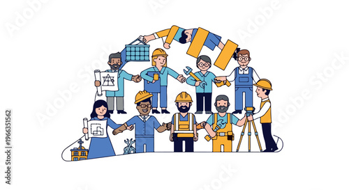 Illustration of diverse construction workers and engineers collaborating with various tools and building plans in a vibrant, colorful graphic with a professional and teamwork mood.