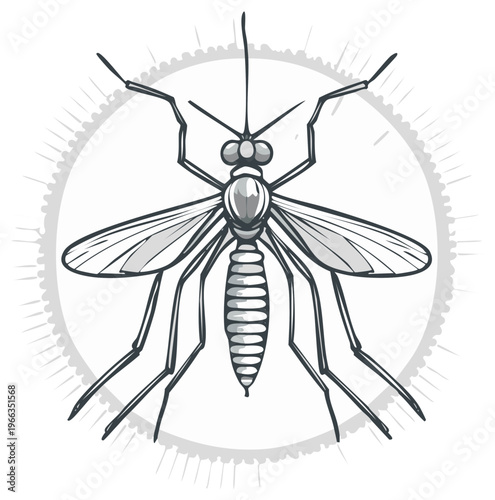 Illustration of a stylized mosquito with wings, antennae, and legs inside a circle, grey, insect