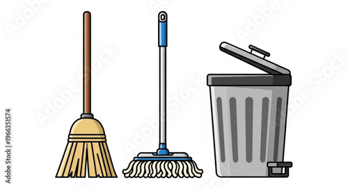 Cleaning Tools - Broom, Mop, and Trash Can for Home Maintenance.