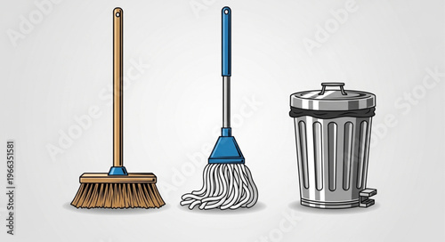 Cleaning Tools - Broom, Mop, and Trash Can for Home Maintenance.