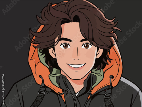 Young man with brown hair and bright smile wearing an orange and black jacket against a dark background during indoor setting