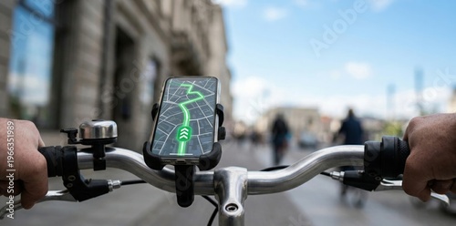 Smartphone navigation mounted on bicycle handlebar showcasing eco friendly urban cycling route guidance and sustainable city commuting