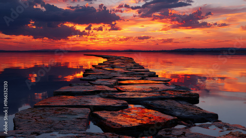 Stunning sunset reflects on calm waters with orange hues in sky over Ganges, creating serene and picturesque scene