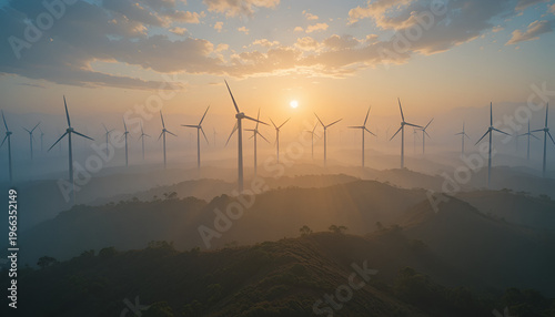 A serene landscape of wind turbines on a hill at sunset with a misty atmosphere