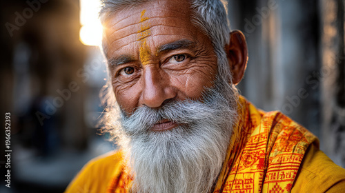 Sadhu in morning light radiates wisdom and tranquility, embodying serene presence that captivates soul