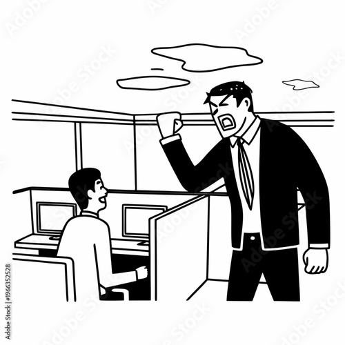 Aggressive boss in a formal suit shouting and gesturing with a fist at a younger employee in an office environment.