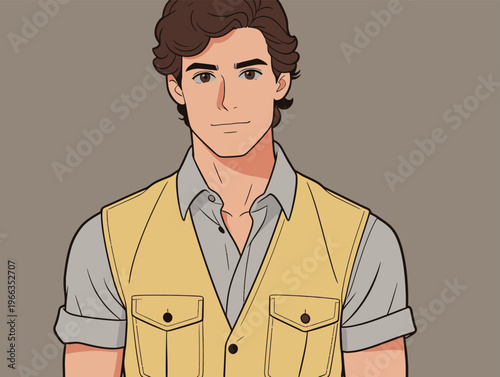 Young man in a yellow vest poses against a simple background while looking confidently at the viewer