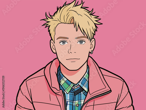 Young man in pink jacket with light blonde hair on a pink background looks directly at the viewer during a casual moment
