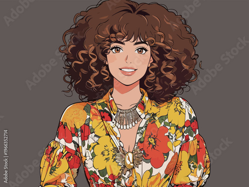 Woman with curly hair wearing a floral shirt and necklace smiles at the viewer with a neutral background behind her
