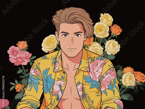 Young man with styled hair wears floral shirt in front of flower backdrop during bright daylight