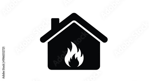 Vector illustration depicting a house icon with a burning flame inside, symbolizing a potential fire hazard or home heating concept, ideal for safety graphics and property warnings.