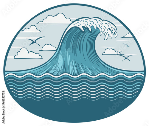 Stylized Ocean Wave Illustration with Birds and Clouds