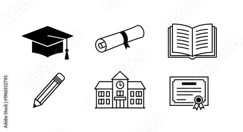 Collection of school and education icons, including graduation cap, diploma, book, pencil, and building, representing academic achievement and learning