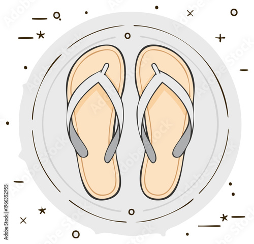 Cartoon illustration of beige flip flops sandals with white straps in round frame