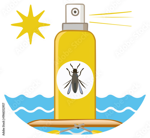 Insect Repellent Spray Bottle in Outdoor Summer Scene with Sun and Waves