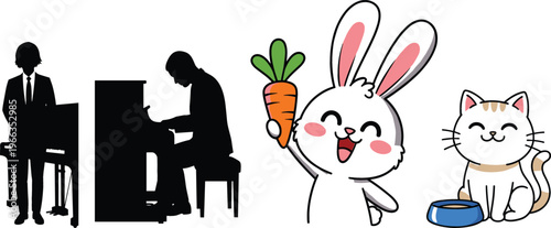 Vector illustration set featuring pianist playing piano silhouette, cute rabbit holding carrot cartoon character, and adorable cat with food bowl