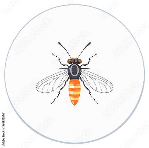 Colorful illustration of a bee like insect with wings inside a white circular shape