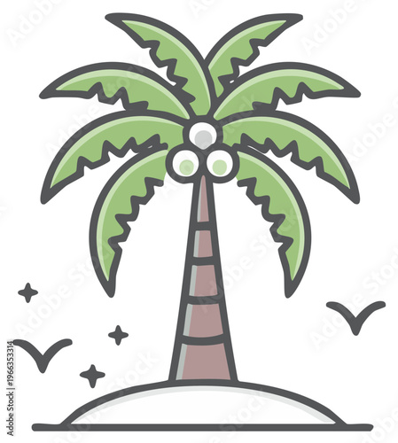 Cartoon tropical island with palm tree coconuts and flying birds in simplistic flat design style