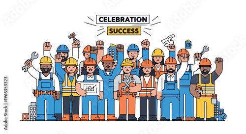 Illustration of a diverse group of construction workers celebrating success with various tools and equipment.