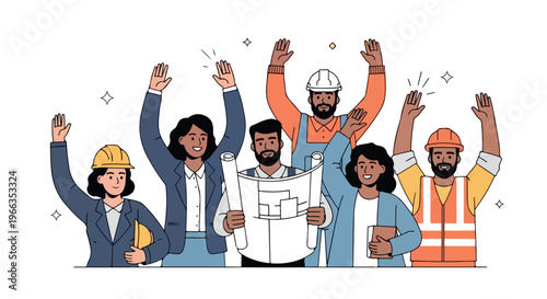 Diverse group of construction workers celebrating with raised arms in a colorful, flat illustration style against a clean white background.