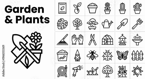 Professional Garden and Plants Icon Set Featuring Horticulture Tools Organic Gardening Houseplants Flowers Greenhouse Farming Equipment and Backyard Maintenance Elements for Landscape Design Illustrat