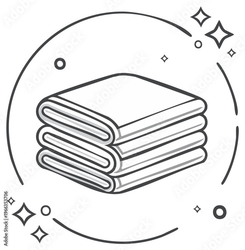 Stack of clean, folded towels within decorative circular border illustration.
