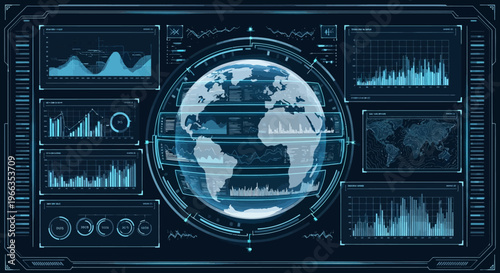 Futuristic interface with world map display.