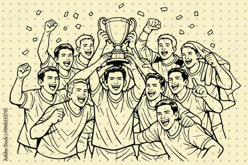 A creative hand drawn doodle vector of a soccer team celebrating with a trophy, expressing victory, unity, and happiness through lively characters and dynamic composition.
