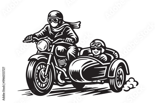 A vintage retro vector illustration of two young men riding a tandem sidecar motorcycle, capturing a classic adventure feel with nostalgic style and detailed design.