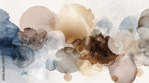 An abstract image featuring a horizontal arrangement of overlapping, organic shapes in muted blues, browns, and beige tones, resembling watercolor or ink blots. The shapes vary in size and opacity,