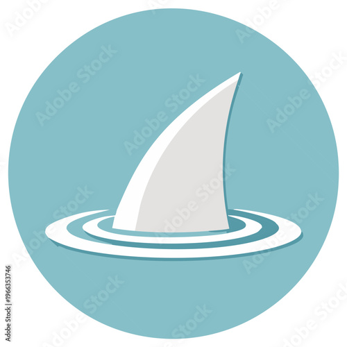 Shark fin rising from ocean water flat design icon in blue circle Summer marine predator danger concept