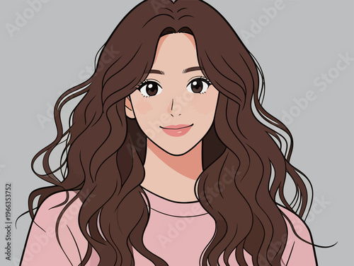 Young woman with long hair in a simple shirt looking directly at the viewer against a light gray background