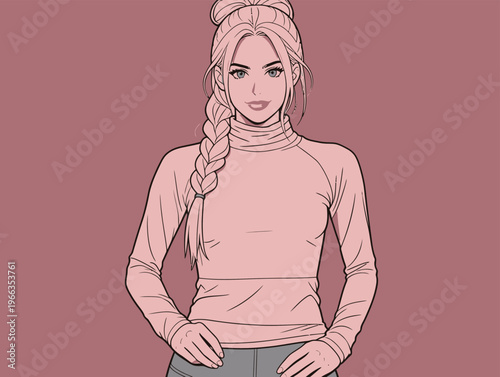 Young woman with braided hair wearing a long-sleeve top poses on a pink background while looking directly at the viewer