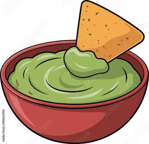 Bowl of creamy green guacamole dip with a single triangular tortilla chip or nacho being dipped into it in a colorful food vector on white background.